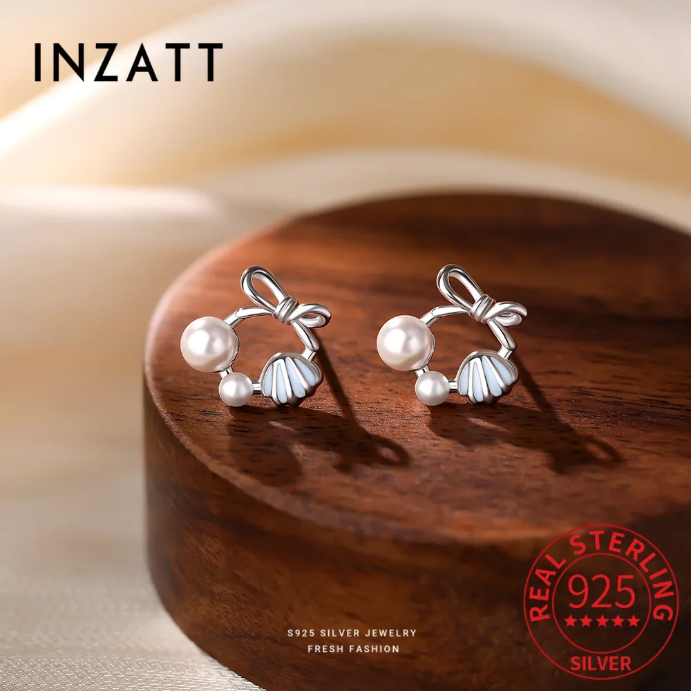 

INZATT Real 925 Sterling Silver Shell Pearl Animal Mini Stud Earrings for Women Cute Fine Jewelry Light Luxury Accessories