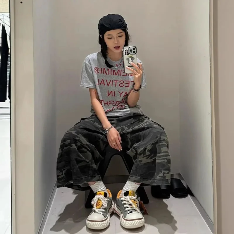 Y2K American Vibe Washed Camo Workwear Jeans Shorts Women's High Waist Straight Leg Slimming Wide Leg Mid-Length Pants