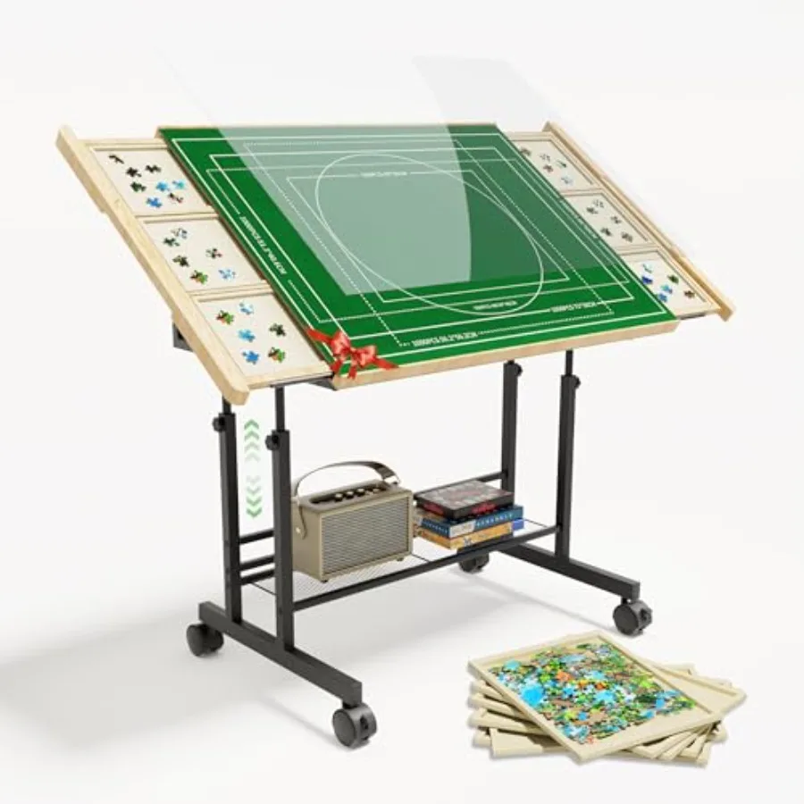 

Puzzle Table with Drawers - 1500 Pieces Jigsaw Puzzle Tables for Adults, Tilting Puzzles Board with Cover, Puzzles Table with S