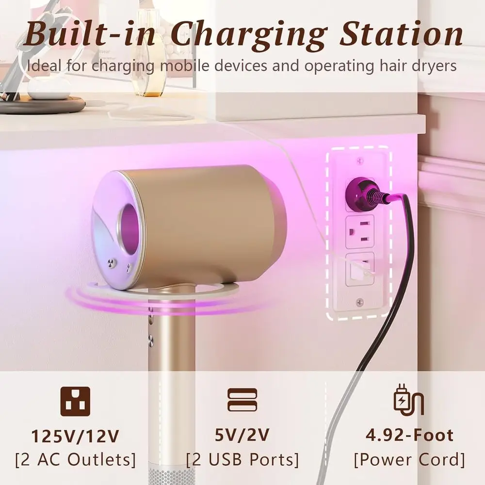 Illuminated Makeup Vanity Desk with Mirror, Lights, Charging, Storage, and Hairdryer Holder for Women