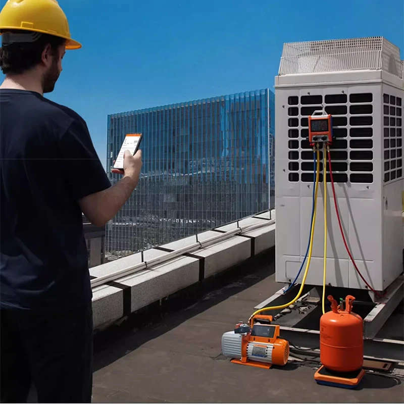 مضخة تفريغ 7/9/12 CFM 2 مرحلة مضخة تفريغ دوارة ذكية HVAC شاشة تعمل باللمس، تسجيل البيانات، التخزين عبر التطبيق