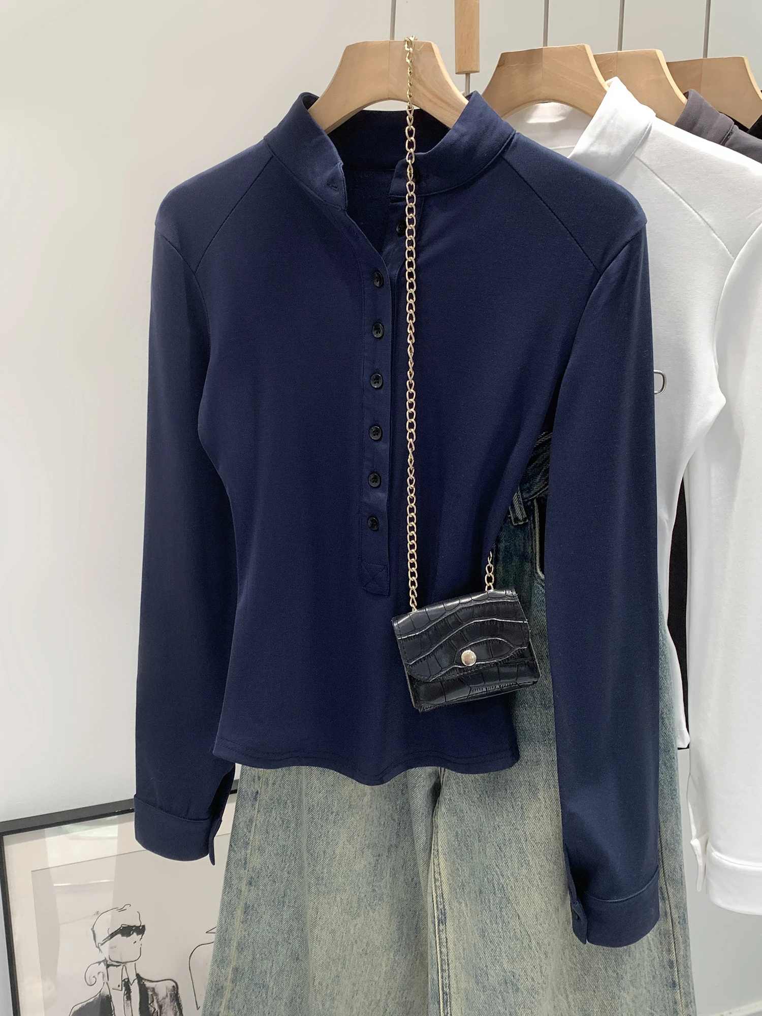 Slim Fit Henry Shirt Base Layer Top Women's Autumn Winter New Style Outerwear Cotton Spandex Blend Long Sleeve Button Detail