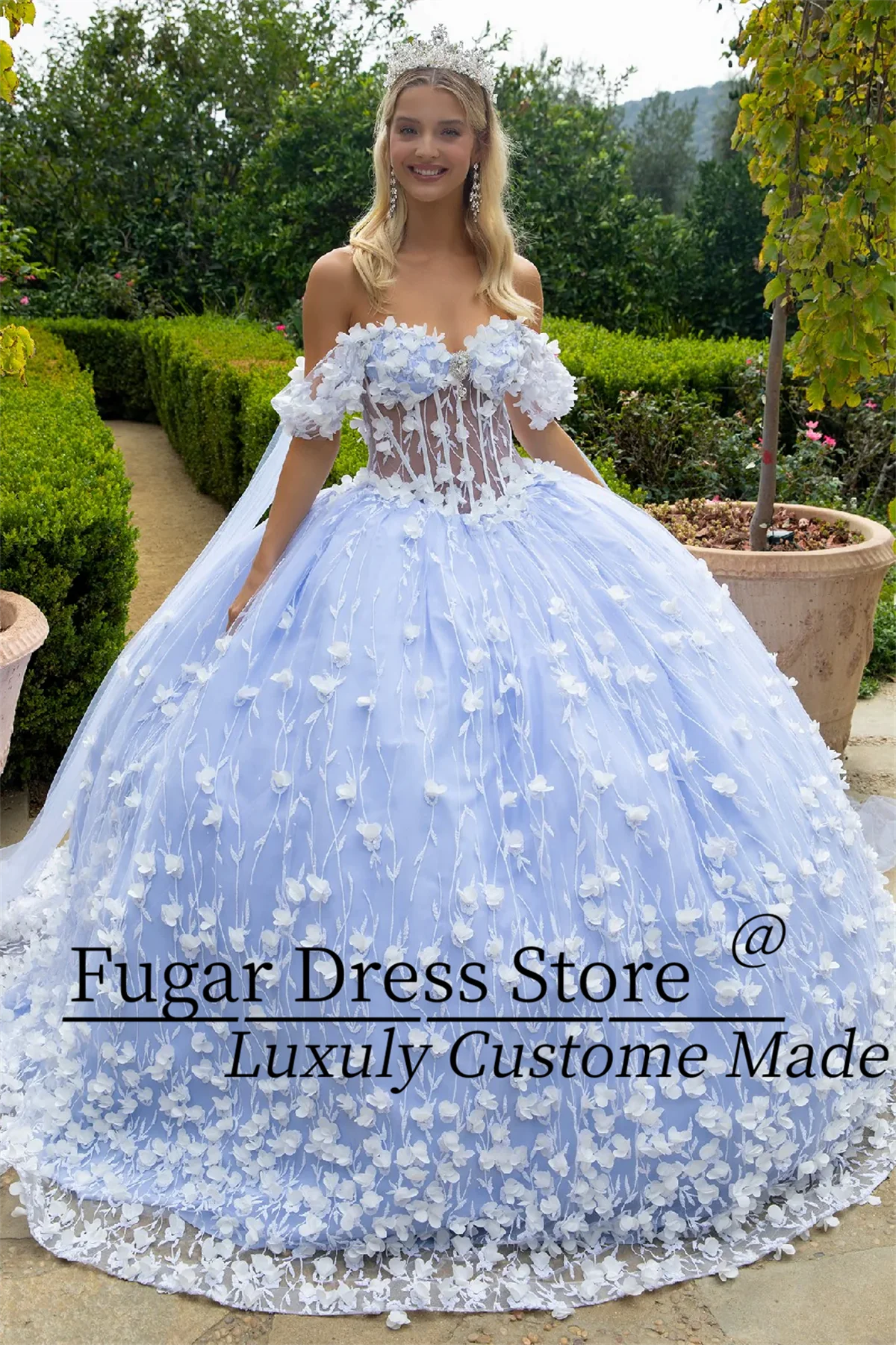 

Blue Fashion Quinceanera Dresses 3D flower decal long off shoulder cape sleeve dress paired A-line skirt Vestidos De 15 Anos 24