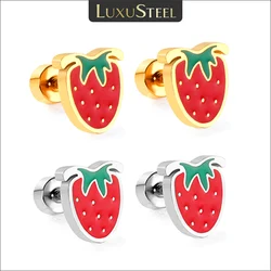 LUXUSTEEL Cute Strawberry Stud Earrings for Women Stainless Steel Tiny Fruit Brinco Korean Ear Clips BFF Jewelry Gift