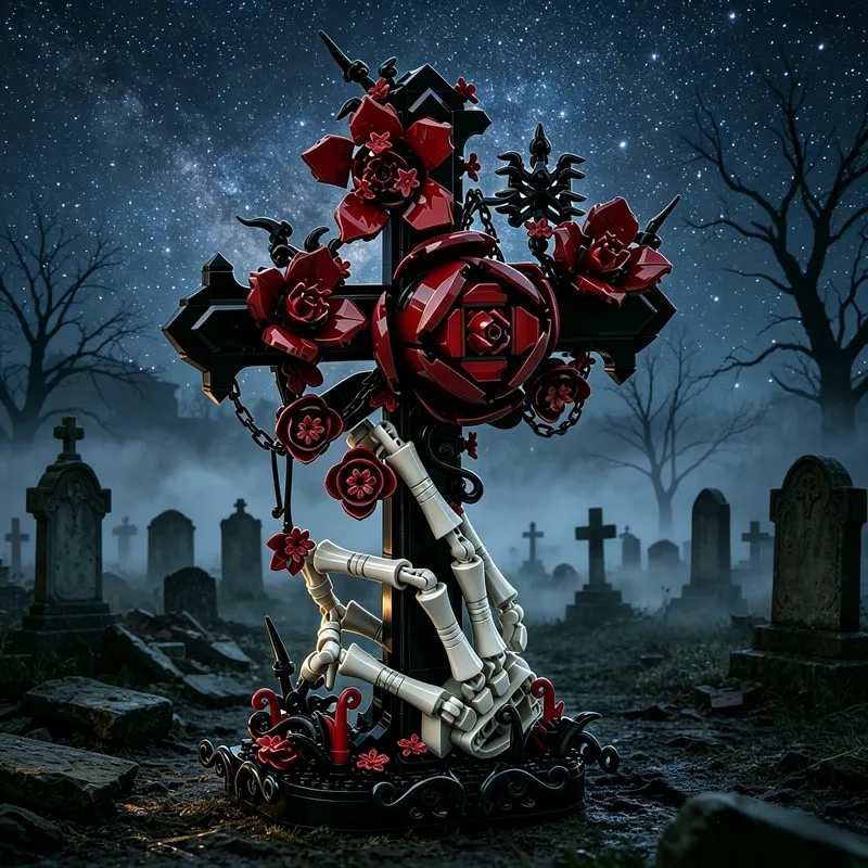 

MOC Gothic Rose Cross Building Blocks Halloween Dark Style Spooky Festival Party Decor Creative Collectible Present Holiday Gift