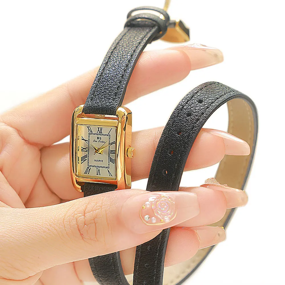 Vintage Calfskin Watch Strap Rectangular Small Dial Quartz Gold Watch Fashion Waterproof Brown Women\'s Wristwatch Montre Femmes