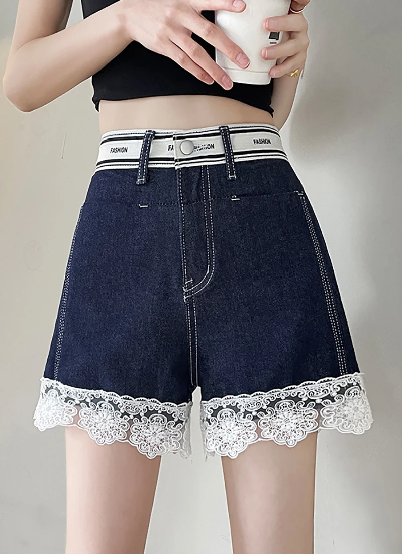여름 레이스 패치 워크 청바지 반바지 여성 디자이너 오피스 캐주얼 레이디 하이 웨이스트 데님 반바지 여성 트렌드 블루 에센셜 반바지