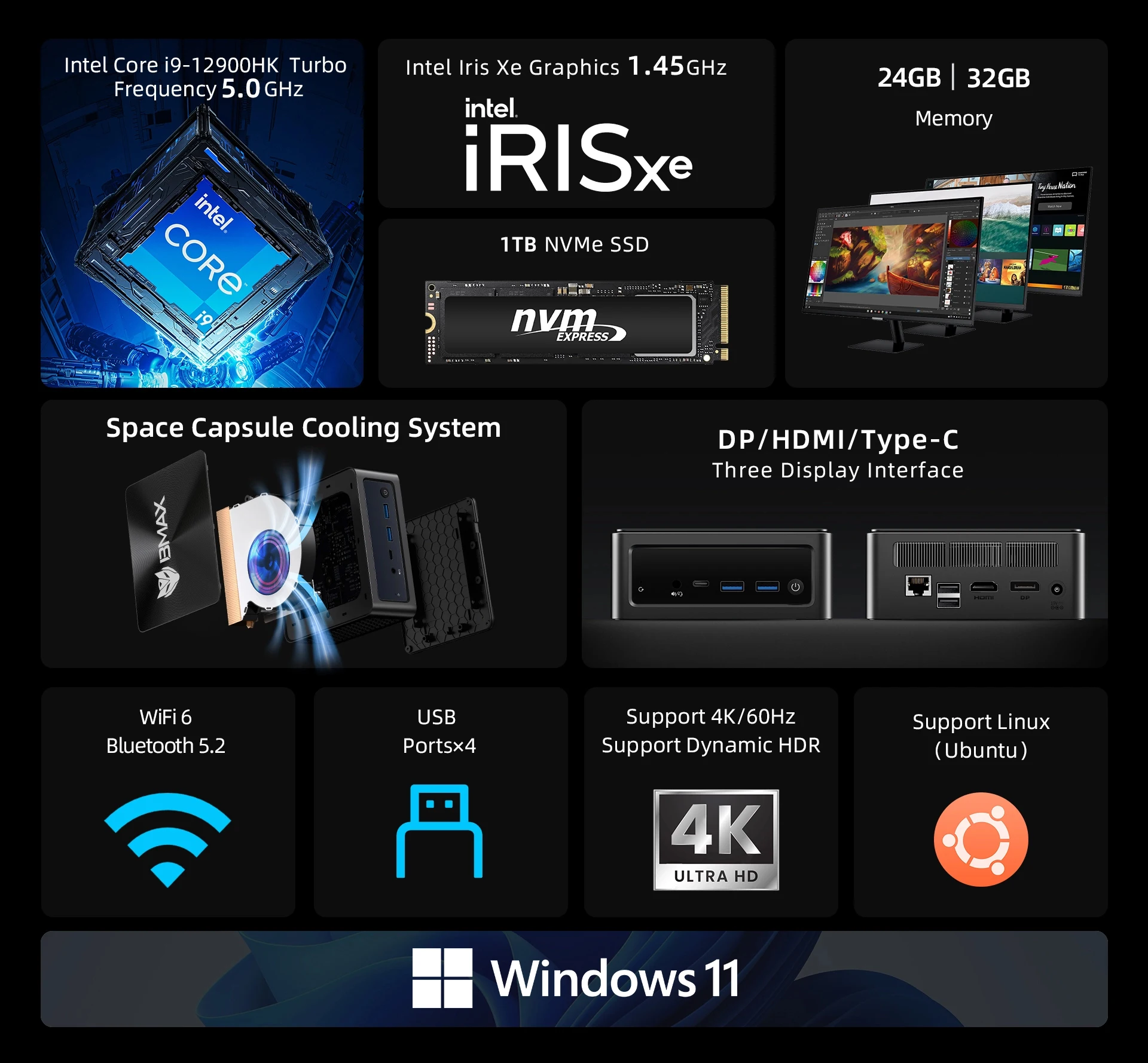 Bmax B9 Power Barebone Mini PC Intel Core I9-12900H 14 Cores up to 5.0GHz 24GB RAM 1TB SSD WiFi 6 Bluetooth 5.2 Mini PC