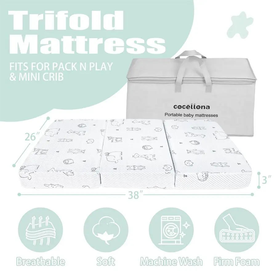 مرتبة التعبئة والتشغيل، مرتبة أطفال من إسفنج الذاكرة مزدوجة الجوانب مقاس 38 × 26 للتعب في الحزمة، مراتب لعب محمولة قابلة للطي مع #3