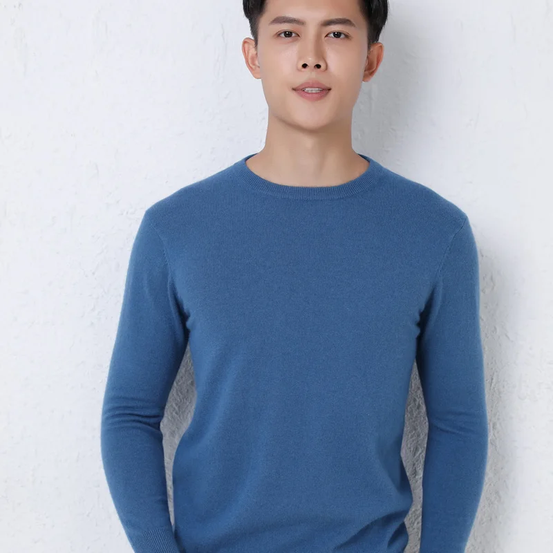 Autumn Winter Round Neck Solid 100 Wool Men\'s New Medium Thick Slim Fit Versatile Knitted Long Sleeve Sweaters Fashion Underlap