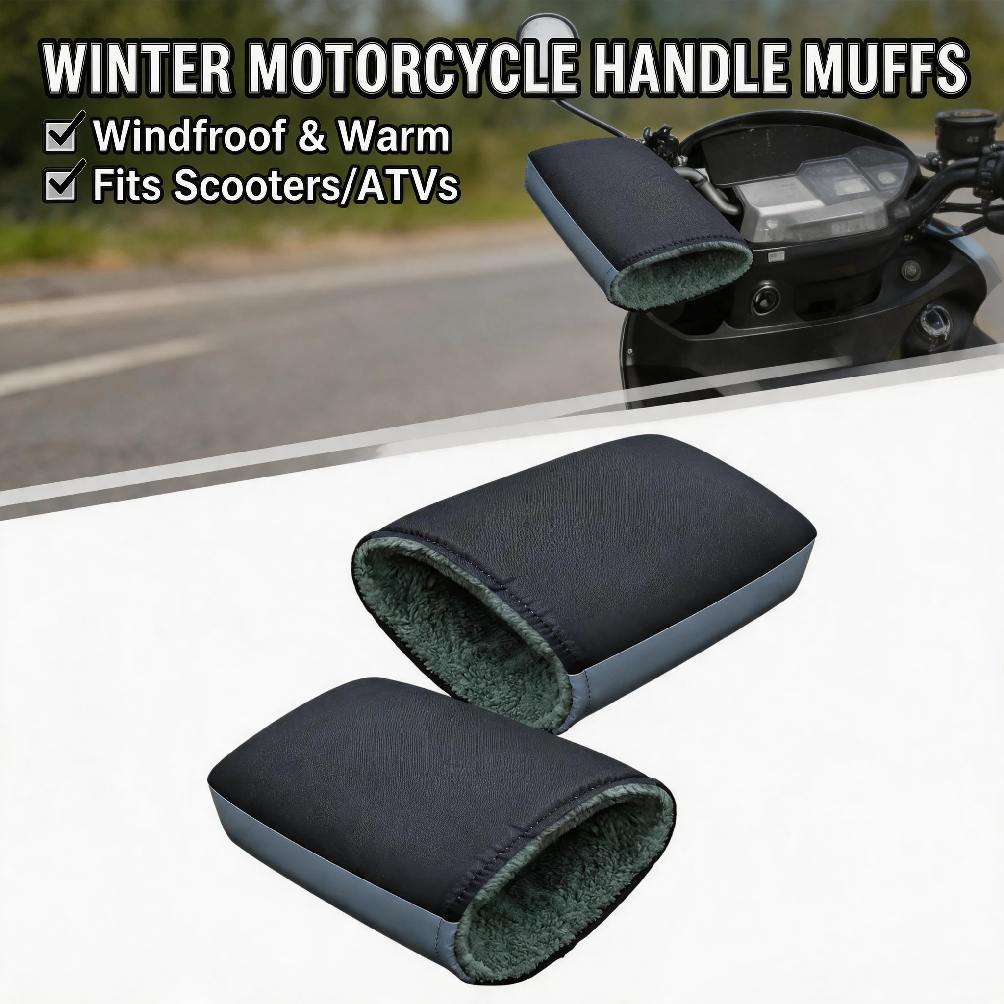 Fleece Lined Winter Motorcycle Handlebar Muffs Reflective Strip Soft Warm Handle Bar Cover for Motorbikes Scooters Riding Gear