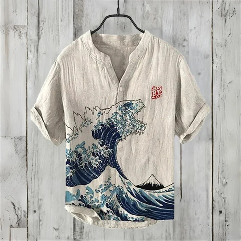 Summer men's short-sleeved POLO shirt linen printed shirt European and American popular elements original octopus printed shirt