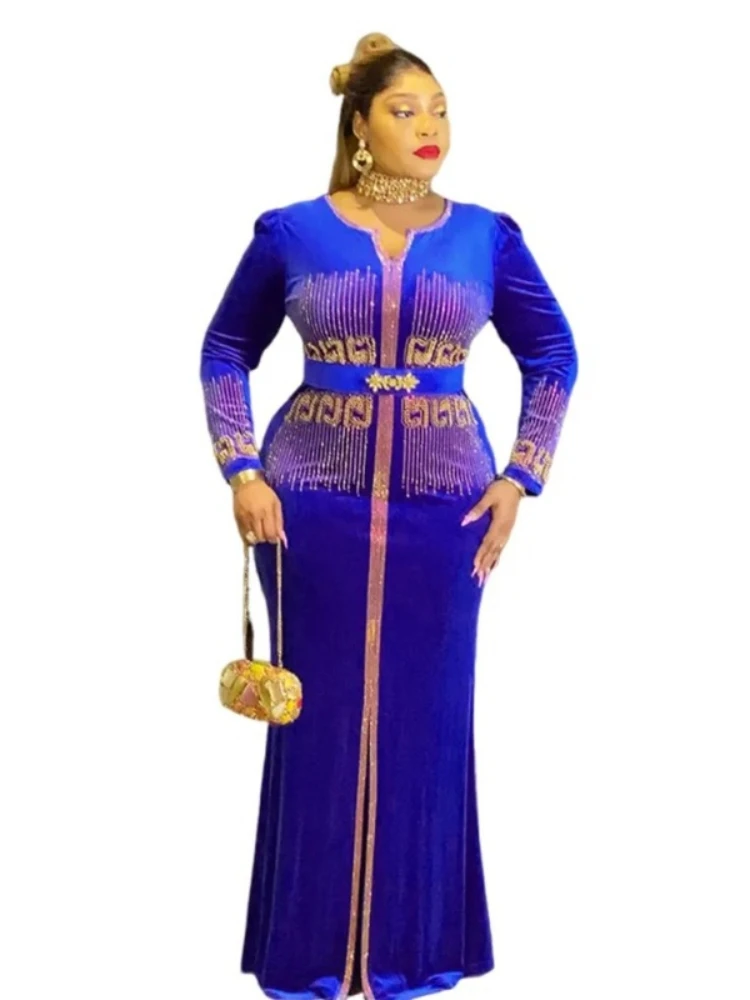 

Африканские платья для женщин, большие размеры, синий бархат, свадебная вечеринка, 2026, новое модное платье Djellaba, турецкое платье Dashiki, африканская одежда