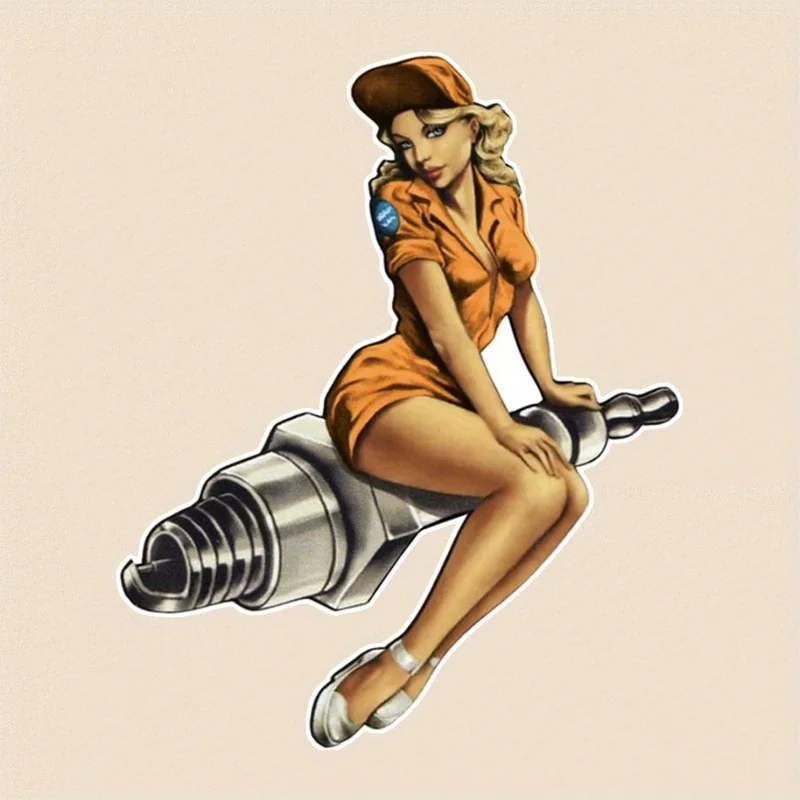 Retro Pin-Up Style Vinyl Car Sticker - Vintage Cartoon Mechanic Design with Orange Dress & Tool-Filled Background, Durable