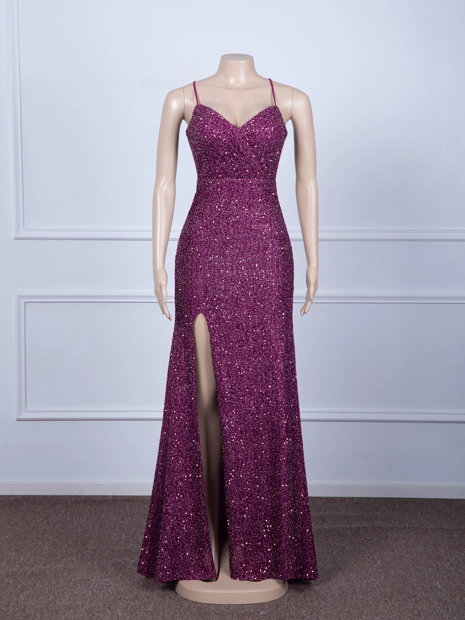 

Sexy Sheath Sequins Prom Dresses V-Neck Thin Straps Bandage Backless Formal Party Gowns Empire Split Train Mermaid Evening Dress