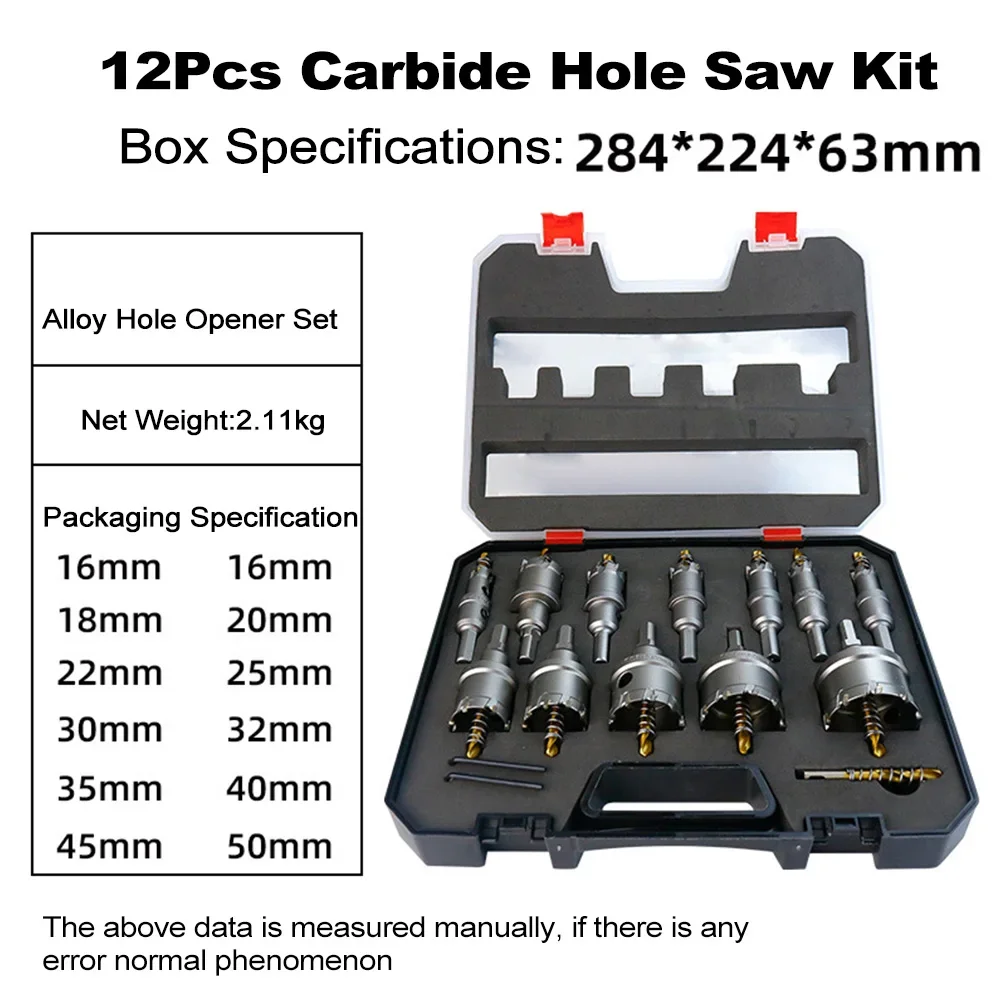 

Комплект твердосплавных кольцевых пил с наконечником, сверло 16-50 мм, набор кольцевых пил для металла, нержавеющей стали, железа, меди, комплект кольцевых пил