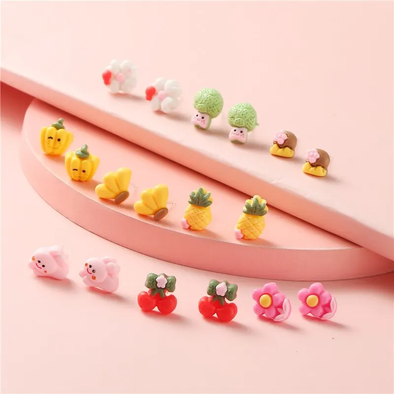 36Pairs/lot Random Cute Romantic Hypoallergenic Resin Stud Earrings Set For Women Girls Multicolor Fruit Flower Ear Gifts