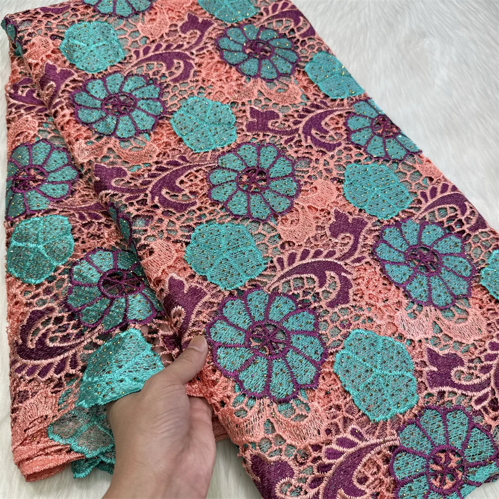 Blue Latest African Guipure Sequins Cord Lace Fabric 2024 High Quality Water Soluble Nigeria Fabrics For Sewing Women Wedding