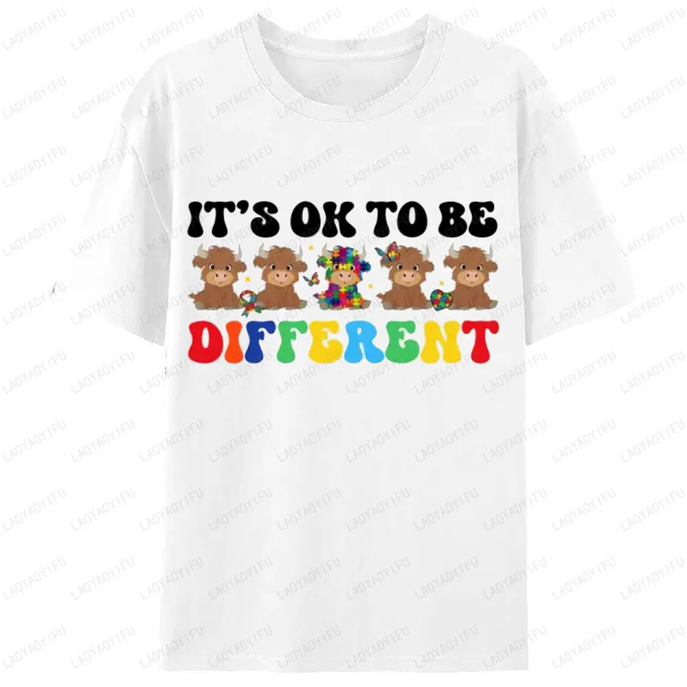 É ok para ser diferente camiseta conscientização do autismo design de vaca camisetas gráficas touro quebra-cabeça impresso mulher masculina algodão tshirt