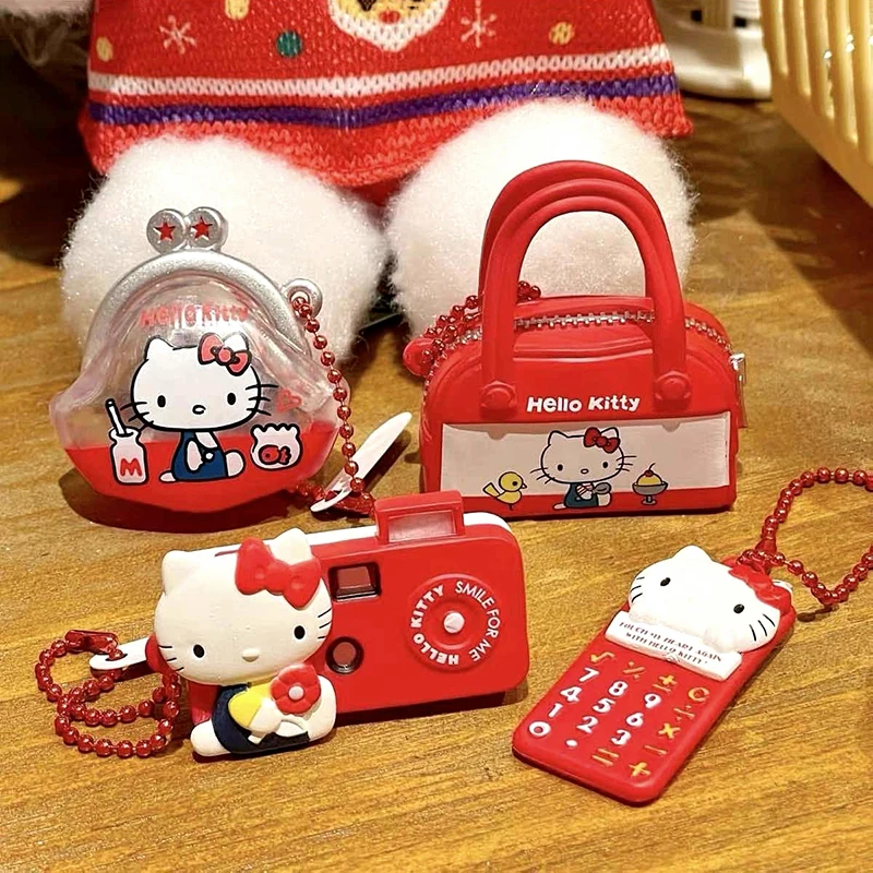 Kawaii Hello Kitty Red Retro Keychain Sanrio KT Cat Wallet Camera Phone Charm Pendant Bag Decor Car Key Ring