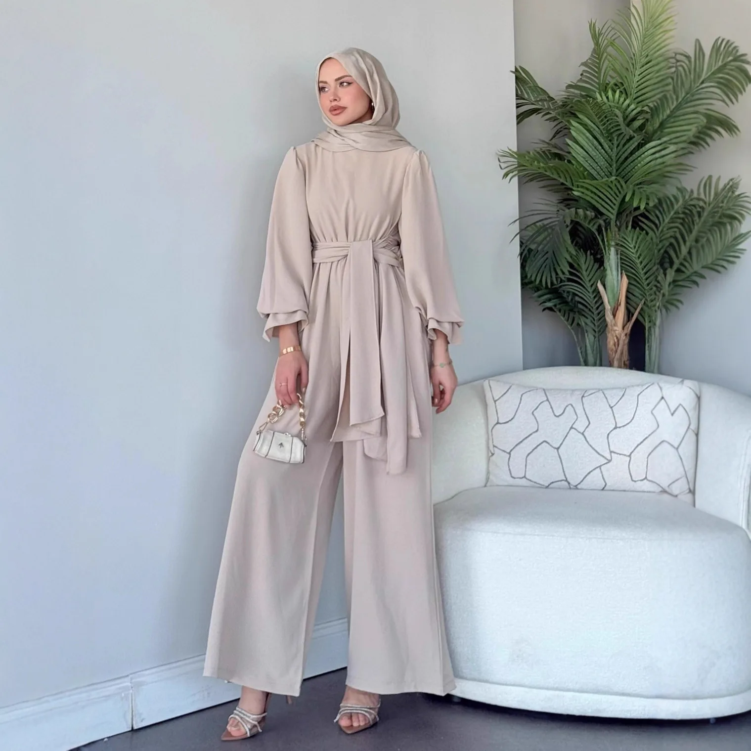 Top calças de perna larga terno feminino muçulmano 2 peça define eid topos calças rendas até dubai modesto conjunto marrocos ramadan outfits