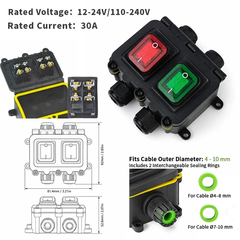 IP68 Wasserdichte Inline-Kabelschalterbox Einzel/Doppel Ein/Aus Optional mit LED-Anzeige 16A 30A 24V 220V für Außen- und Gartenbeleuchtung – Detail 2