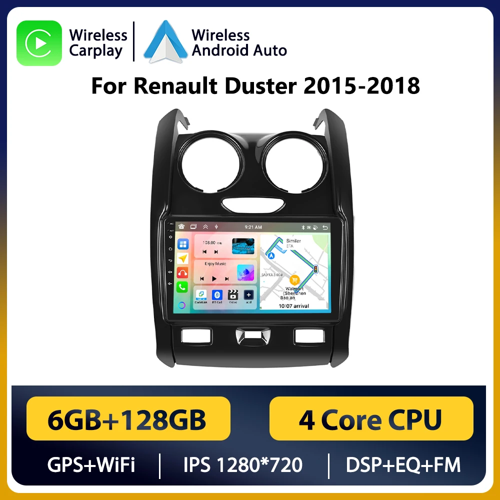 Podofo Draadloze Android Carplay Auto voor Renault Duster 2015-2018 Auto Multimedia Speler Autoradio 2Din WIFI Stereo - afbeelding 1