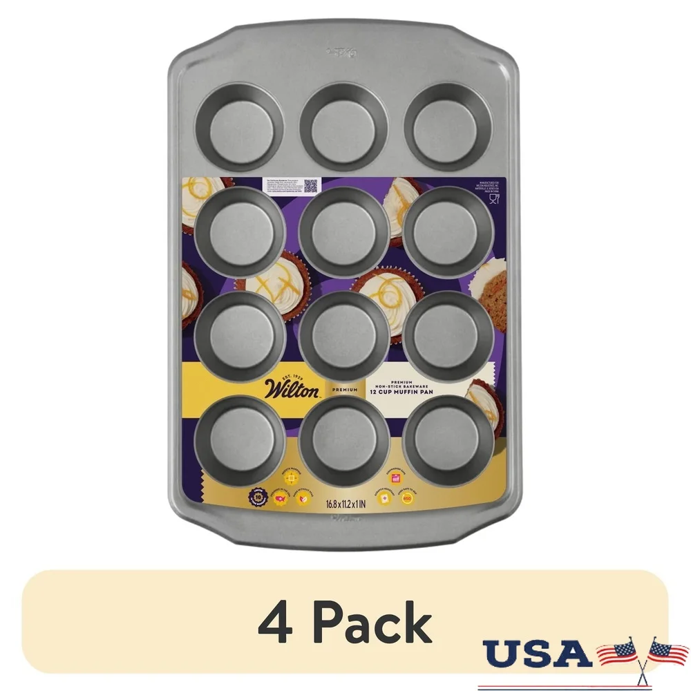 

4 Pack Premium Non-Stick Muffin Pan 12 Cup Cupcake Tin Carbon Steel Baking Tray Oven Safe Dishwasher Safe