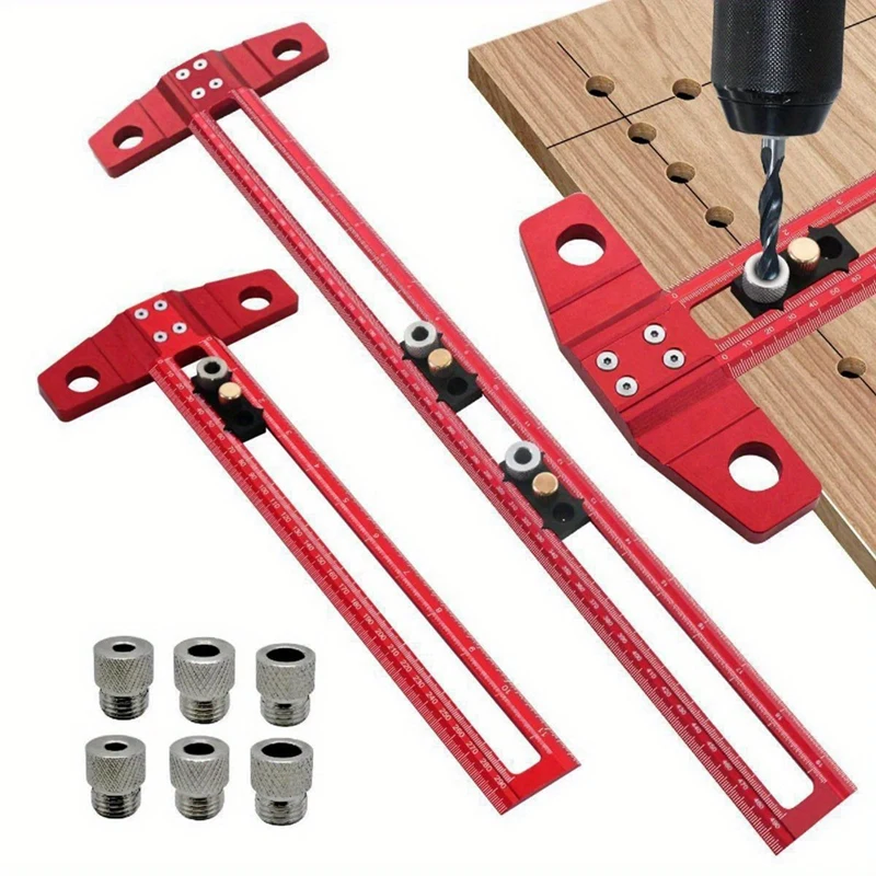 Woodworking 2-In-1 Drilling Positioning Scoring Ruler Scriber Marking T Square Dowelling Jig With 6/8/10Mm Drill Sleeve