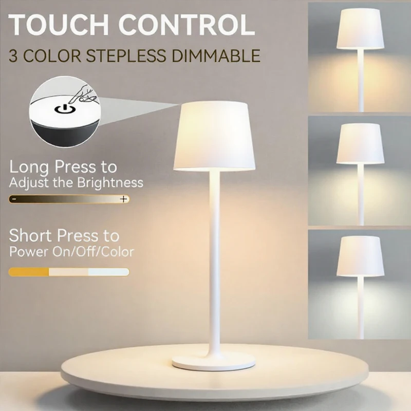 Rechargeable Touch Control Table Lamp, Portable LED Desk Lamp with 3‑Color Stepless Dimming, 2‑Level Adjustable Height, USB‑C Charging for Bedroom Bar Dining Room Camping Outdoor