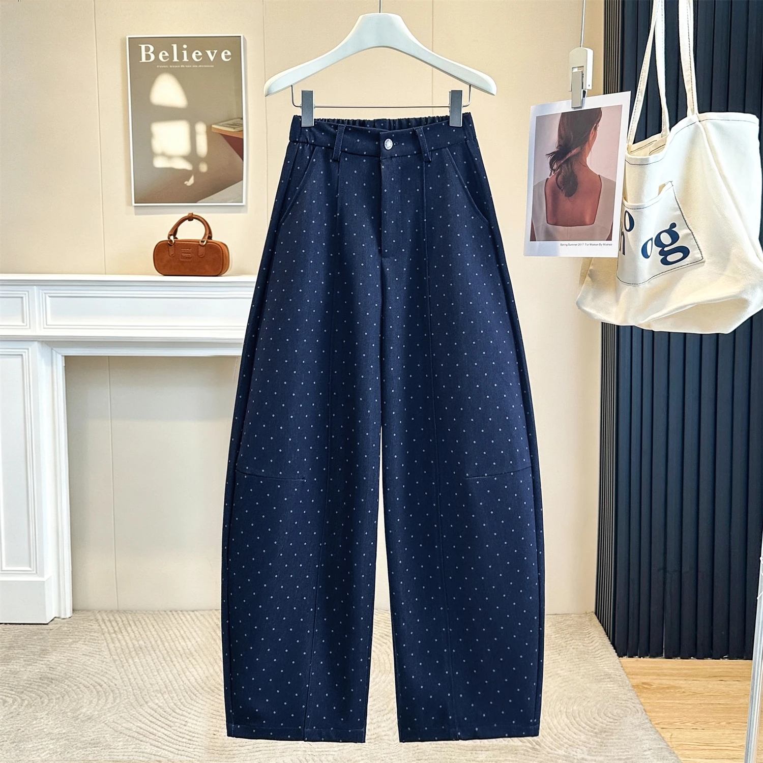 Polka Dot Casual Pants Women's Spring Autumn Loose  Drape Wide Leg Jeans Blue High Waist Zipper Harlan Pants Commute