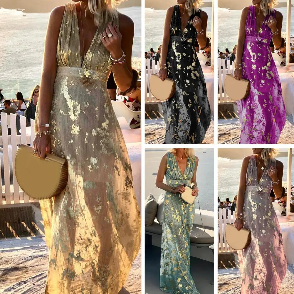 Holiday Dress Skin-touch Party Dress Waist Tight Summer Elegant Bronzing Printing Beach Party Maxi Dress High-waisted