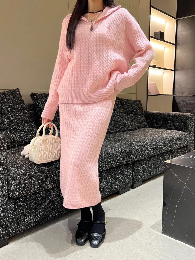 2024 Autumn/Winter Latest Women's Sweater Casual Lazy Woolen Knitted Half Zipper Collar Sweater+Hip Wrapping Half Skirt