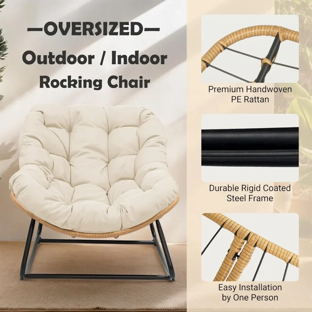 Outdoor Papasan Rocking Chair, Indoor Egg Rocking Chair with Thick Cushion, Oversized Wicker Rattan Patio Lounge Chairs for Bac