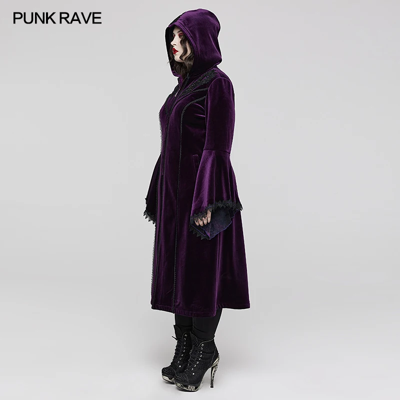 PUNK RAVE Women\'s Gothic Gorgeous Velvet Warm Coat Symmetrical Shoulder Decal Decoration Purple  Women Clothes Winter