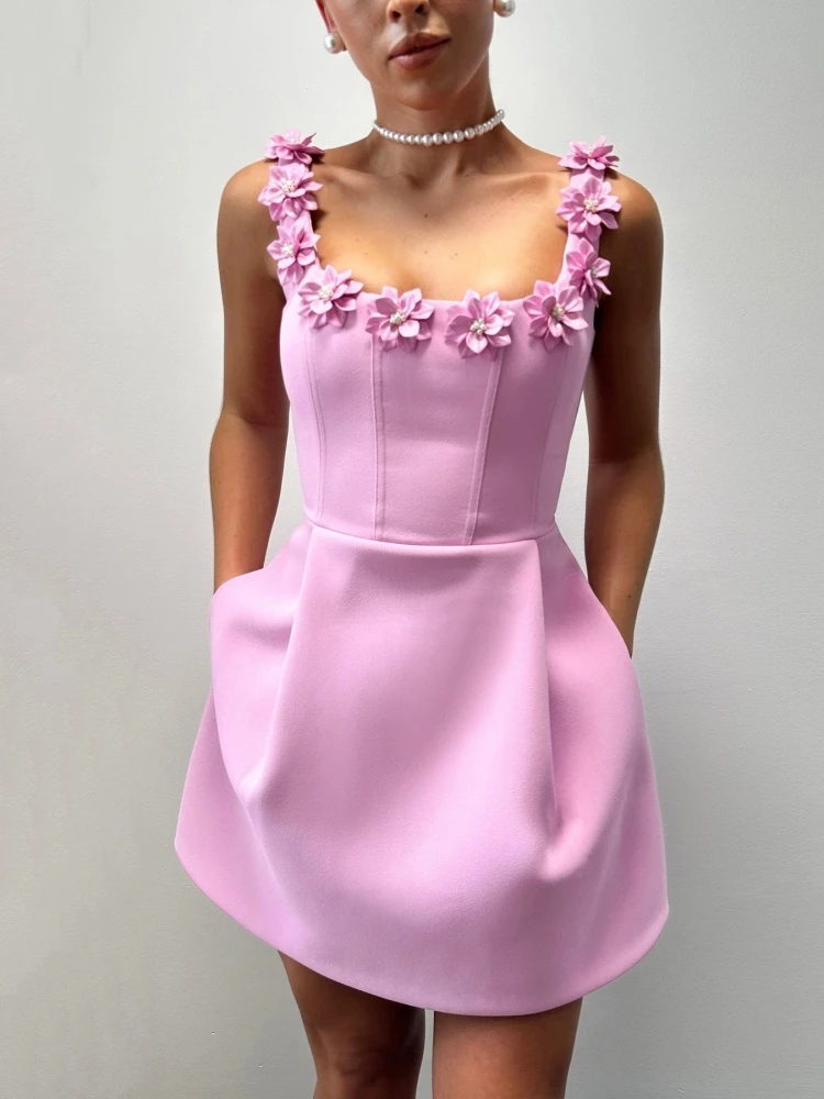 

Sexy Straps Appliques Flower A-line Mini Bandage Dress Women Pink Sleeveless Square Neck Floral Slim Drresses Elegant Celebrity