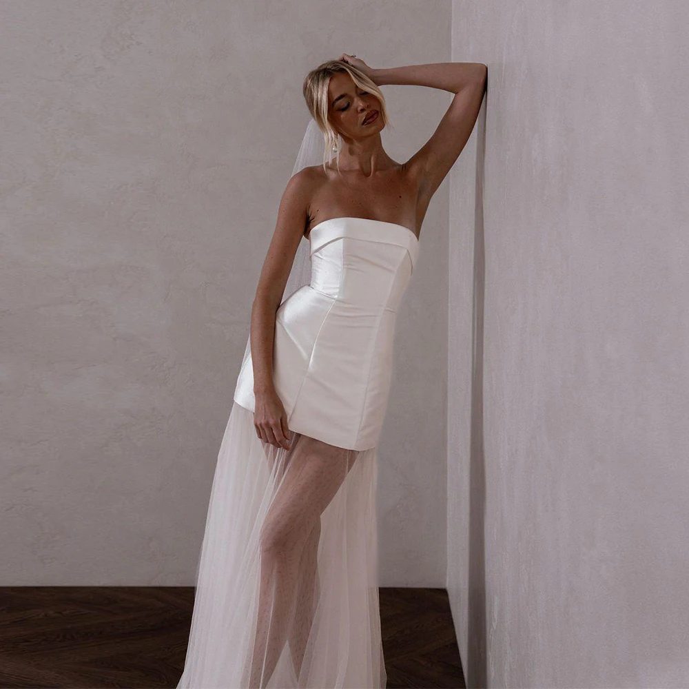 

Strapless Satin Simple Wedding Dress A Line Floor Length Beach Bridal Gowns Bridal Dancing Dress TSWD654