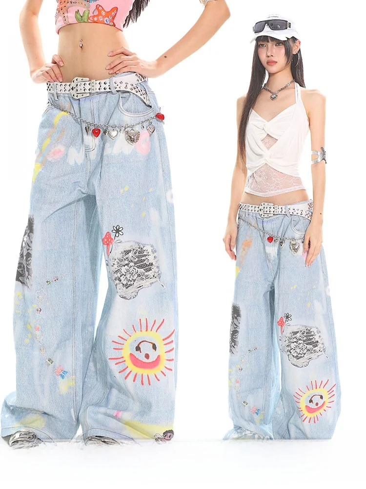 

Американские джинсы свободного кроя с широкими штанинами, светло-голубые, с принтом, летние, в стиле High Street, женские повседневные джинсы свободного кроя