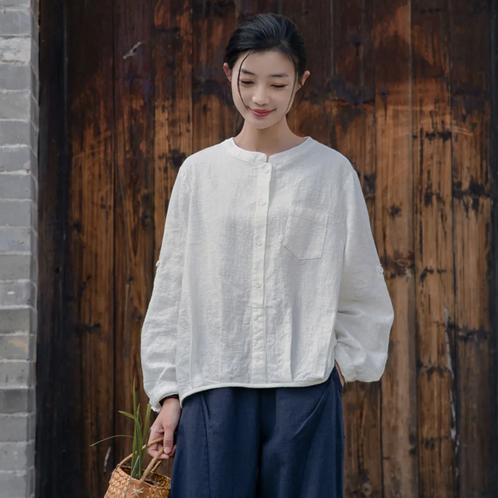 

Linen Cotton Little White Shirt Women's Literary Spring Summer Solid Color Pullover Top Design Sense Of Niche Loose Long-sleeved