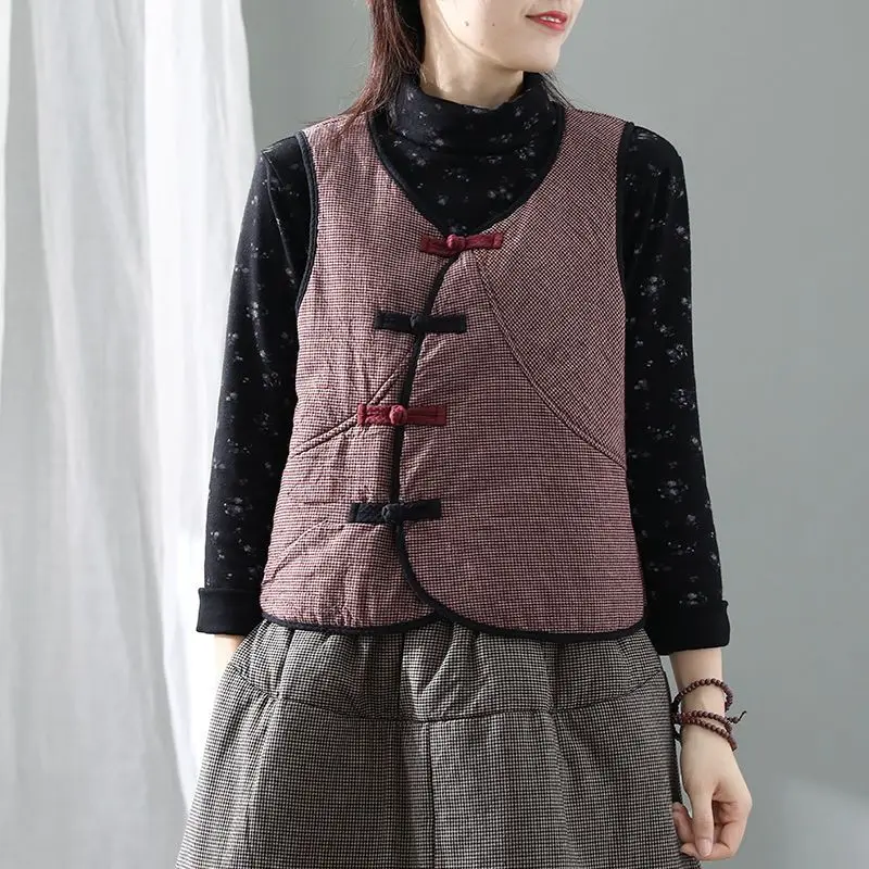 Women Vintage Grid Tang Suit Vests 2026 New Spring Autumn Sleeveless Jacket Cotton Coat Warm Clothes Female Cheongsam Vests