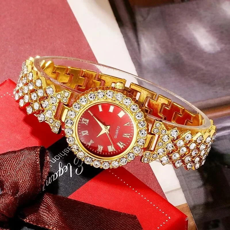 Relojes de lujo dorados, anillos para mujer, collares, pendientes, diamantes de imitación, relojes de moda, pulseras informales para mujer, relojes, je