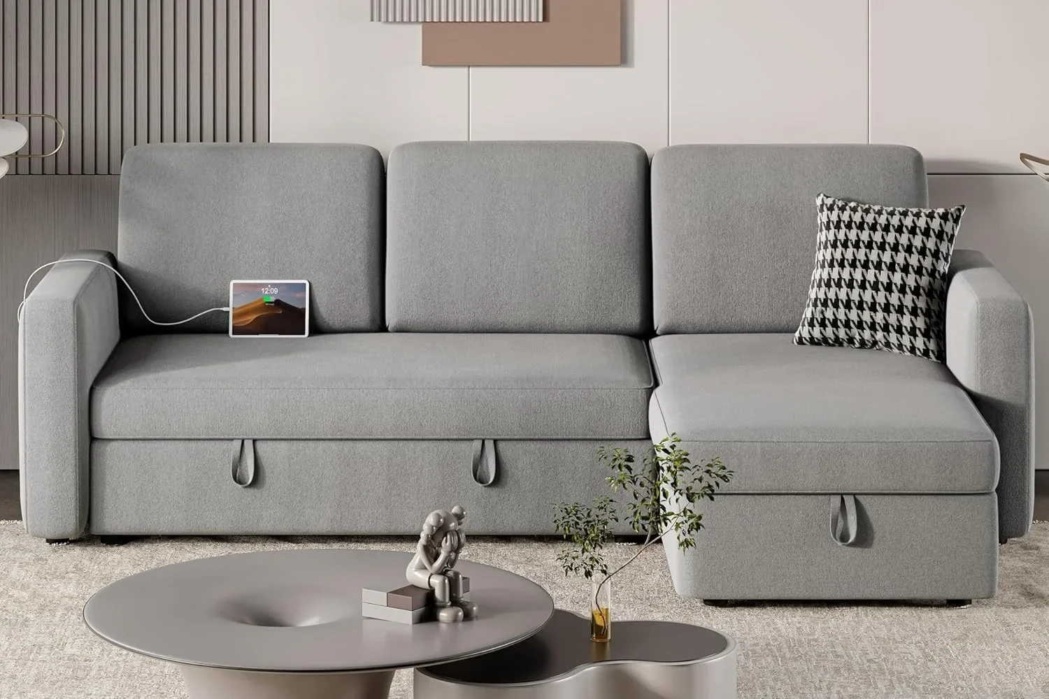 Sectional Sofa L-Shaped Sofa Couch Bed w/Chaise & USB, Reversible Couch Sleeper w/Pull Out Bed & Storage Space sofa  living