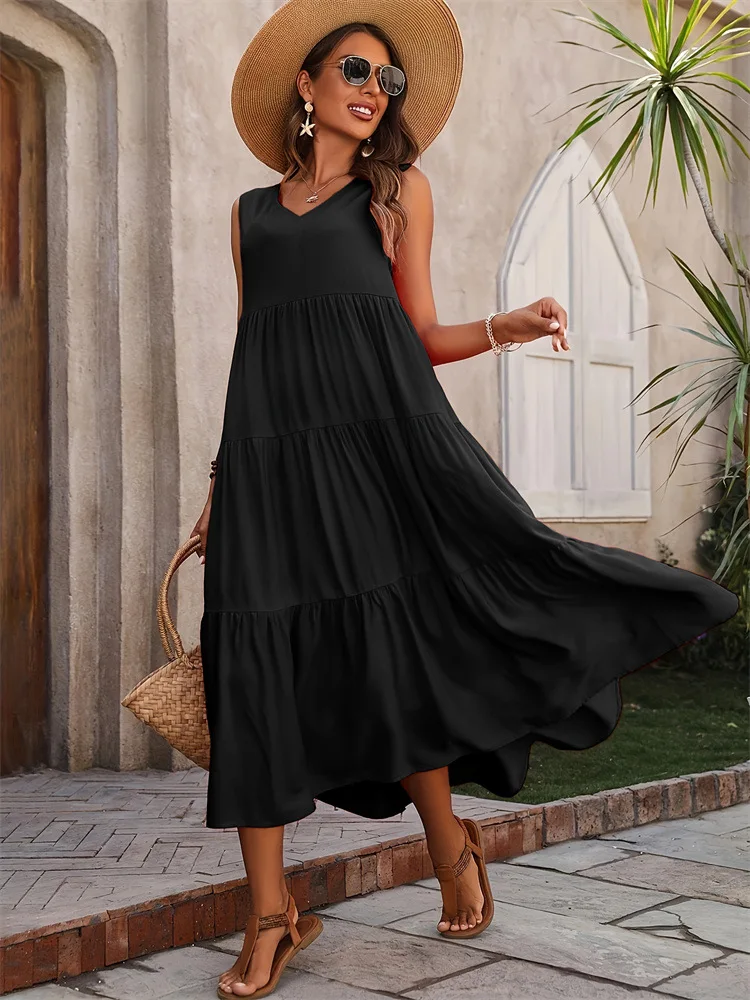 2025Women Dress Summer Casual Brand Vacation Holiday Beach Long Dresses V-neck Loose Elegant Yellow Black ruffles Dress Femme