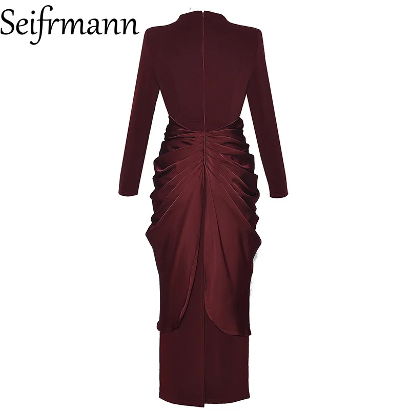 Seifrmann 2026 春の女性の新しいファッショナブルなラウンドネック長袖折り畳まれた気質ウエストバッグヒップドレス