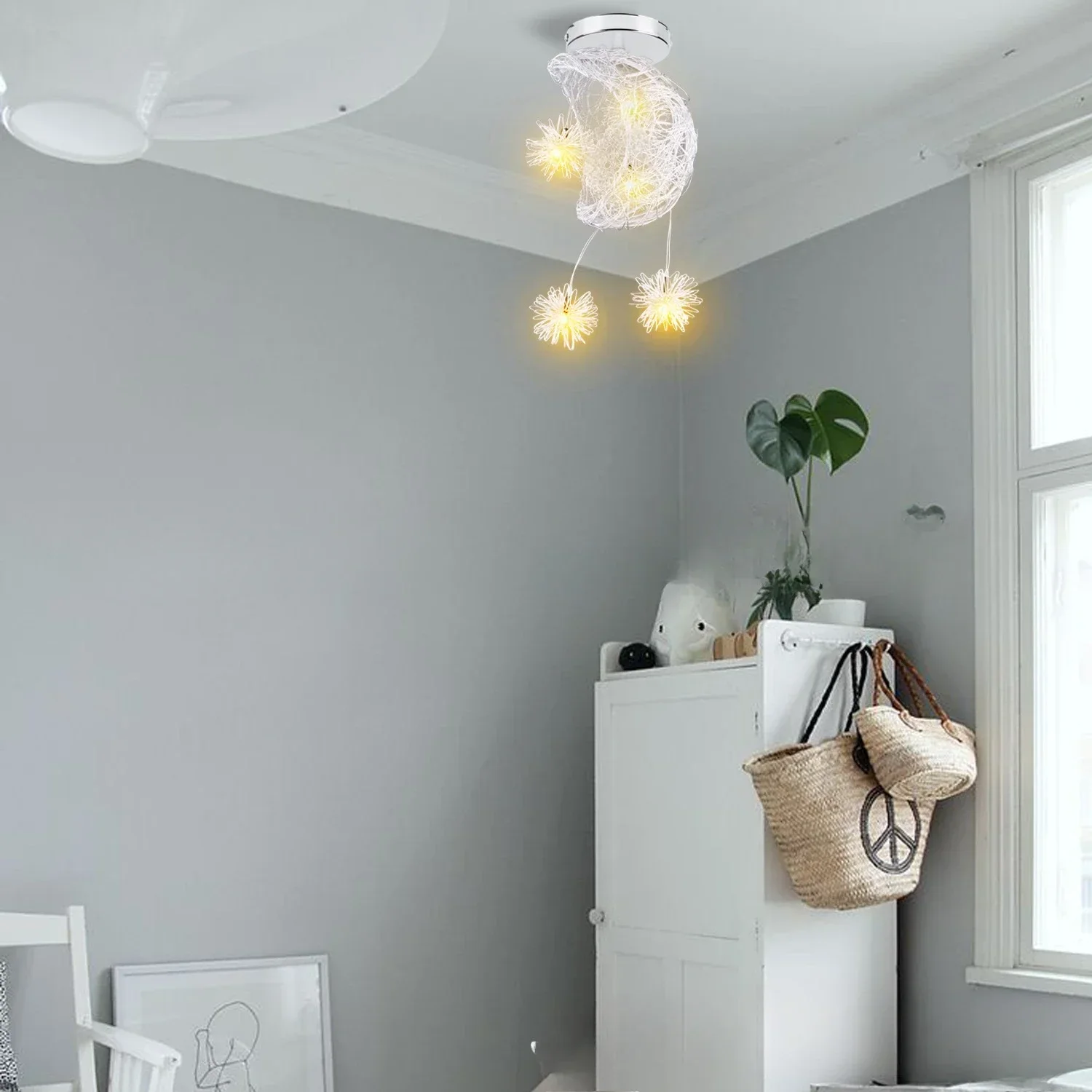 

Modern Moon Star LED Pendant Light Kids Bedroom Hanging Lamp for Christmas Home Decor Fixture