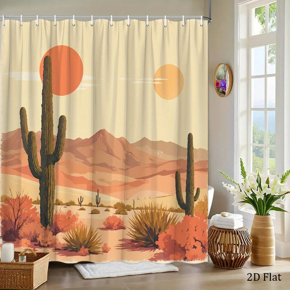 Desert Landscape Shower Curtain Mid-Century Cactus and Sunset Print Polyester Bath Curtain with 12 Hooks for Boho Decor