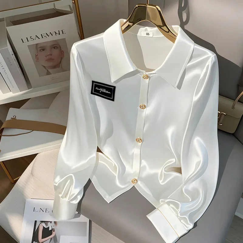 Ice Silk White Long Sleeved Shirt Blouse 2026 New Women's Summer Autumn New Style High-End Popular Beautiful Shirt Top Female