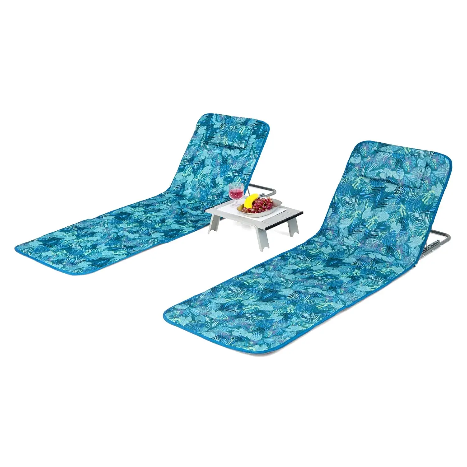 

5-Position Adjustable Folding Beach Chairs with Side Table 2-Pack Lightweight Outdoor Lounge for Camping Patio, Customized