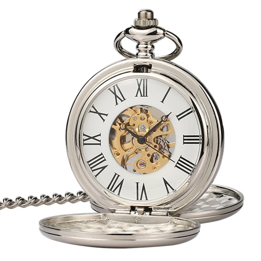 

Luxury Sliver Mechanical Pocket Watch for Men Women Smooth Case Roman Numerals Dial Man Fob Chain Pendant Clock for Collection