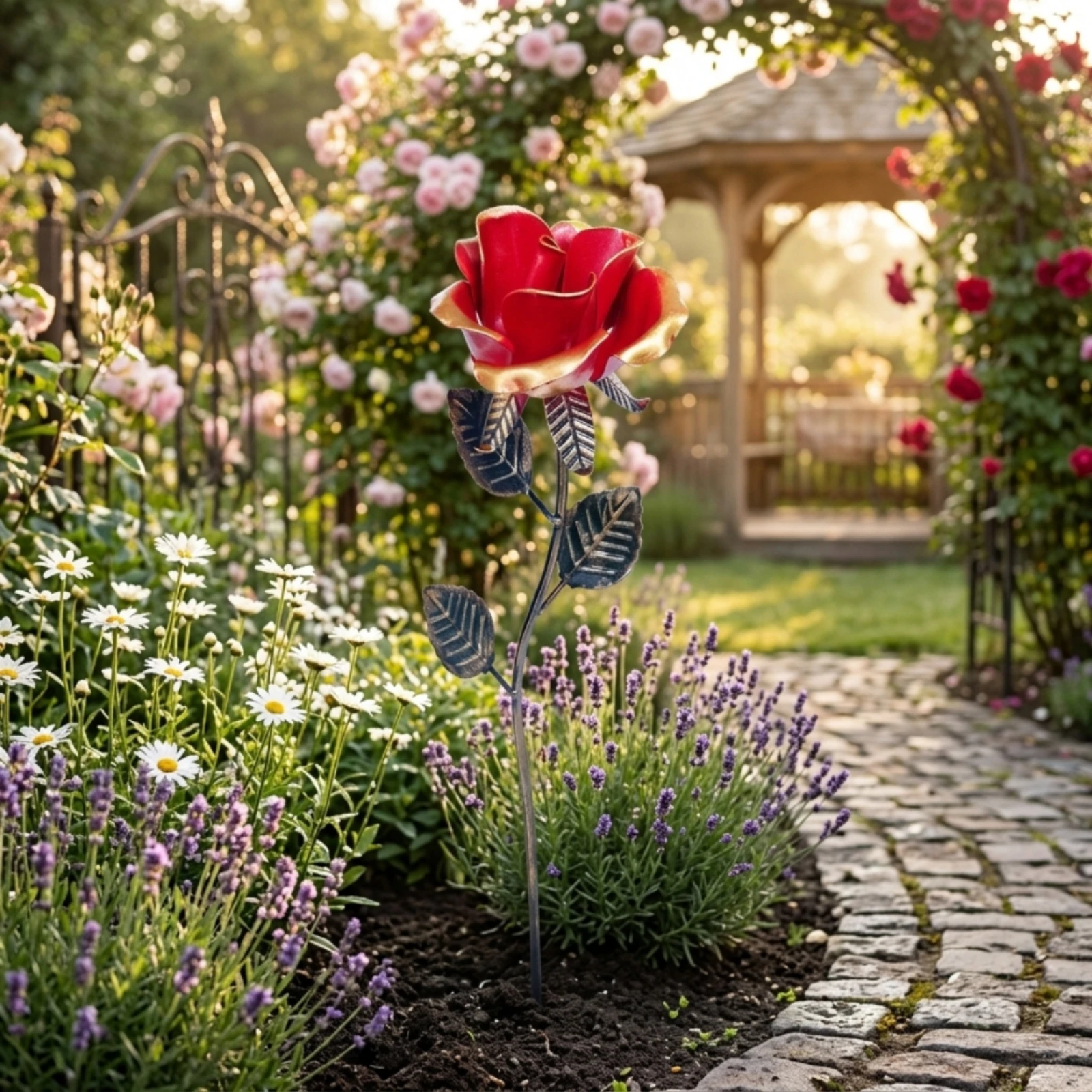 Metal Rose Garden Stake Decorative Artificial Rose Stake Flower Decor with Ground Spike Easy to Install Peg Decoration for Yard